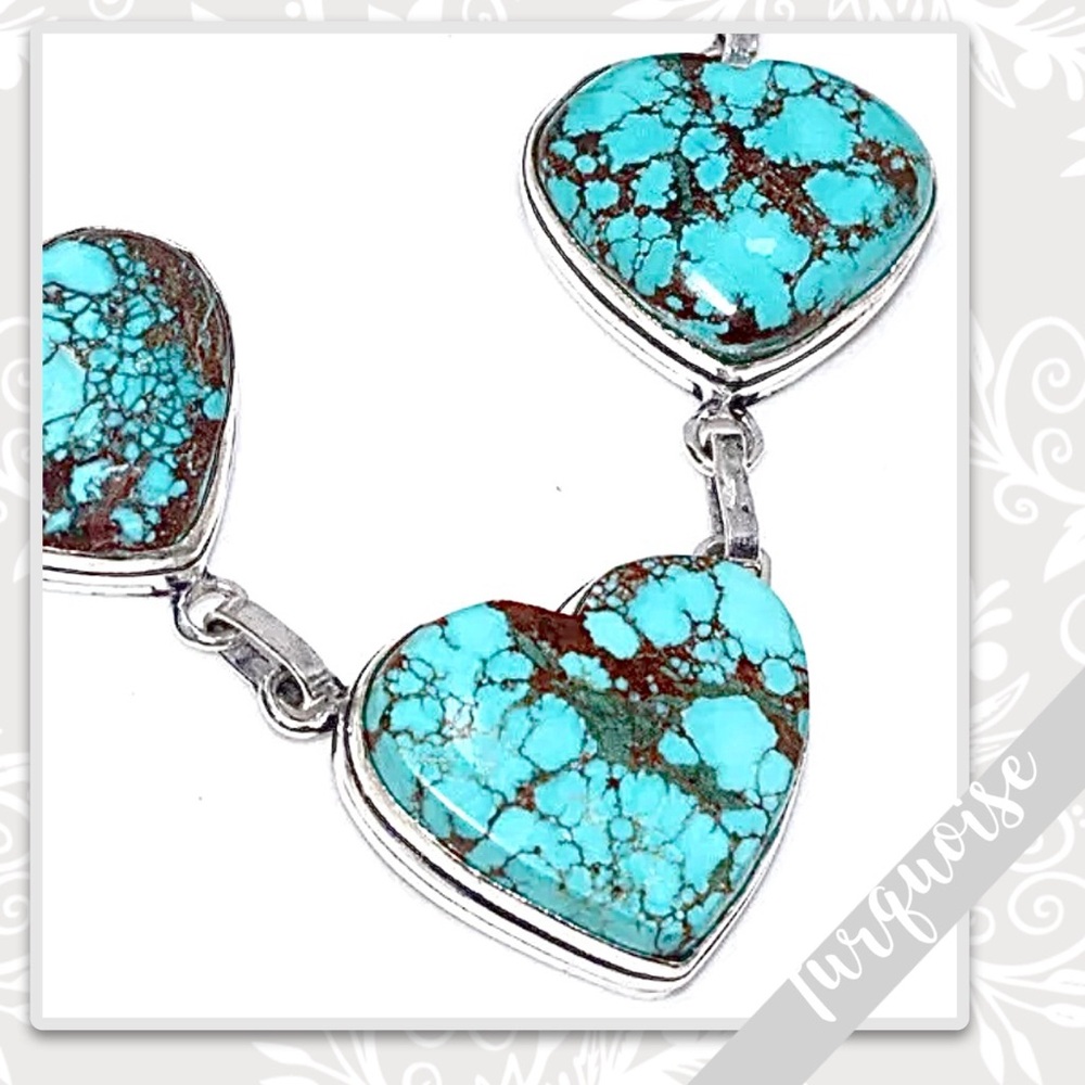 Turquoise Eclectic Silver Artisan Multi-Stone Heart Necklace 18” Aqua Blue-Green - Picture 3 of 3